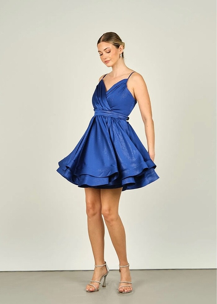 Kruvaze yaka parlak simli saks abiye - Görsel 3