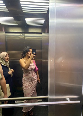 Pembe Drapeli Uzun Straplez Elbise