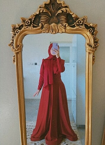 Diğer Tesettür bordo saten abiye elbise