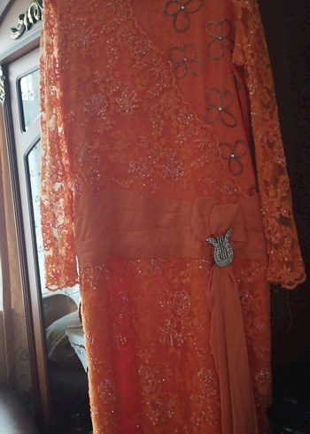 Dantel İşlemeli Turuncu Uzun Kadın Elbise - Görsel 2