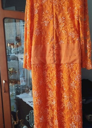 Dantel İşlemeli Turuncu Uzun Kadın Elbise - Görsel 3