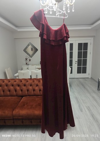 Bordo Drapeli Uzun Abiye Elbise
