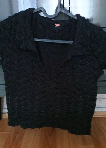 Siyah V Yaka Kısa Kollu Triko Kazak - Görsel 2