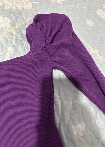 Mor Triko Kadın Bluz, Uzun Kollu, Vücuda Oturan - Görsel 3