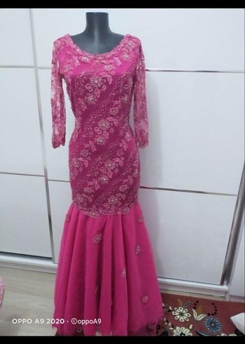 Pembe Dantel İşlemeli Uzun Abiye Elbise - Görsel 3