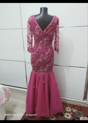 Pembe Dantel İşlemeli Uzun Abiye Elbise - Görsel 2