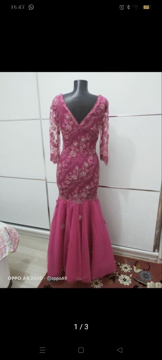 Pembe Dantel İşlemeli Uzun Abiye Elbise - Görsel 2