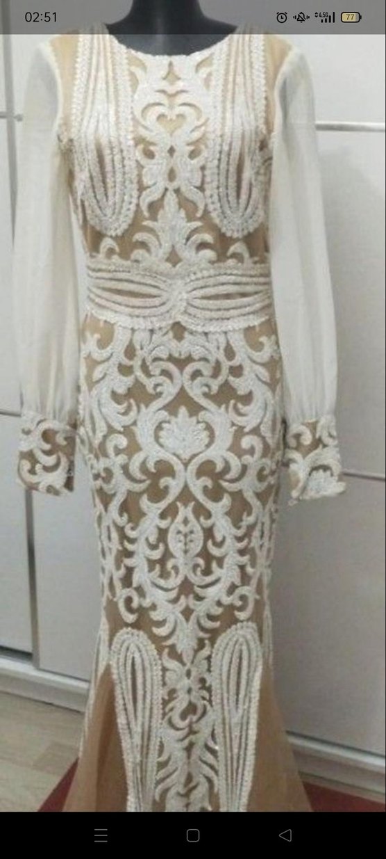 Dantel İşlemeli Uzun Beyaz Abiye Elbise - Görsel 2