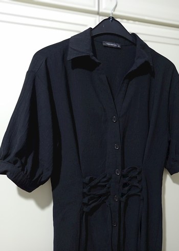 Düğmeli Siyah Midi Keten Elbise trendyol - Görsel 5