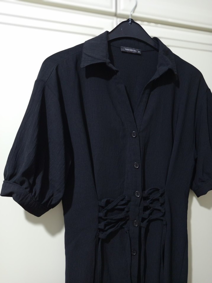 Düğmeli Siyah Midi Keten Elbise trendyol - Görsel 5