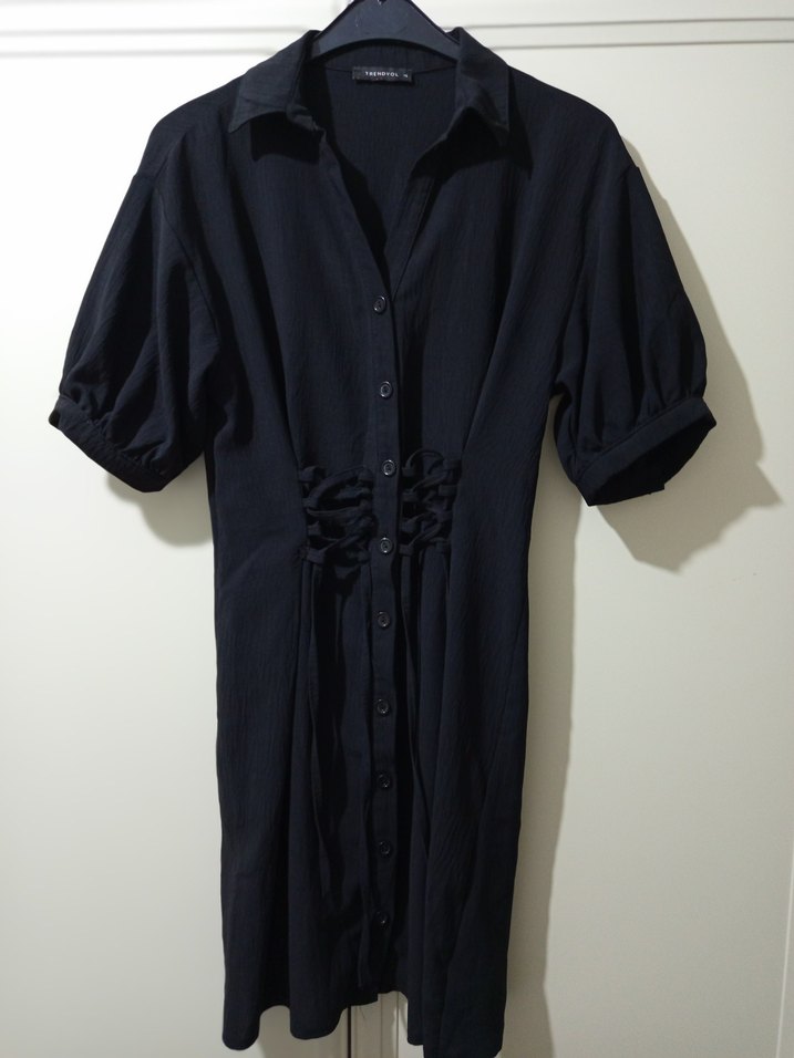 Düğmeli Siyah Midi Keten Elbise trendyol - Görsel 2