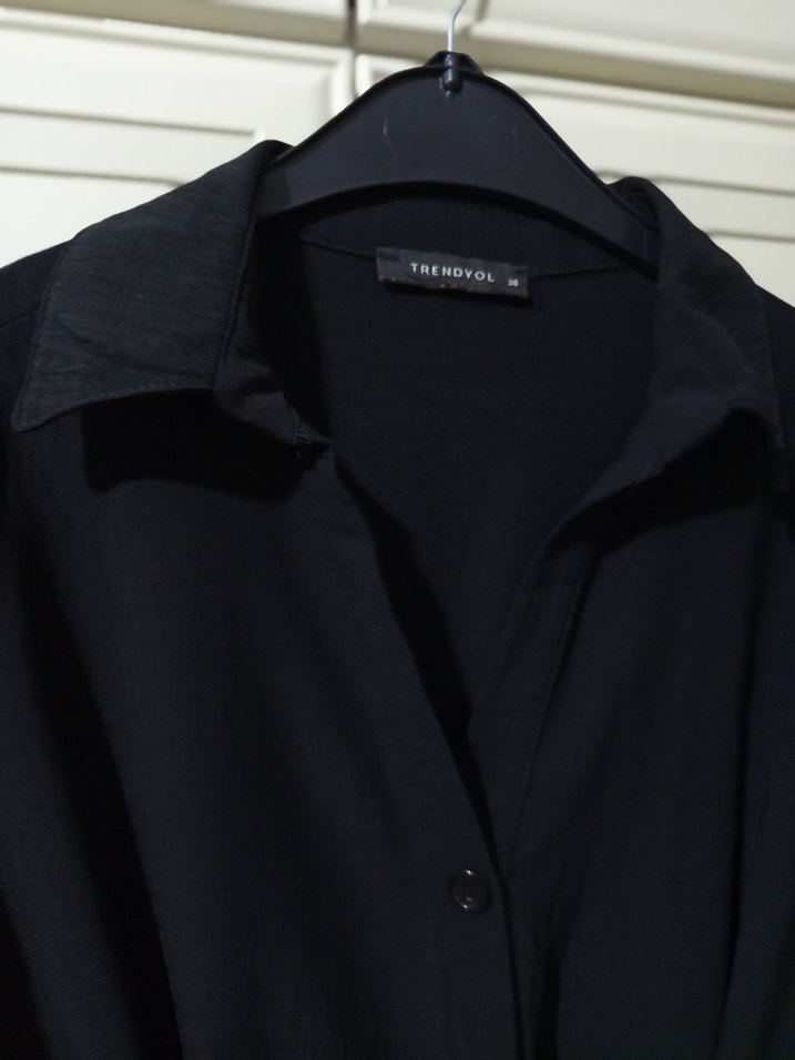 Düğmeli Siyah Midi Keten Elbise trendyol - Görsel 3