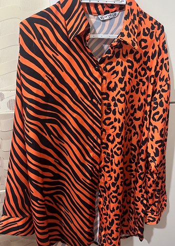 Diğer Turuncu Zebra Leopar Desenli Uzun Kollu Gomlek