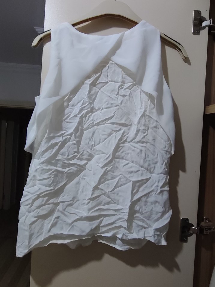 Beyaz Kolsuz V Yakalı şifon Bluz - Görsel 5