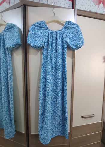 Mavi Baskılı Uzun Pamuklu Elbise - Görsel 6