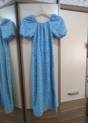 Mavi Baskılı Uzun Pamuklu Elbise - Görsel 7