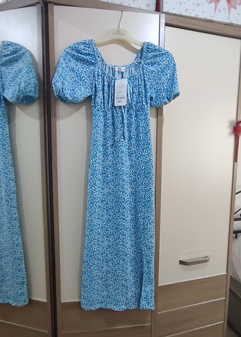 Mavi Baskılı Uzun Pamuklu Elbise - Görsel 2