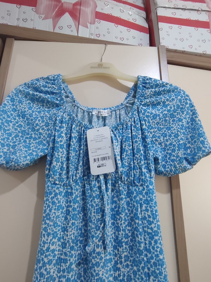 Mavi Baskılı Uzun Pamuklu Elbise - Görsel 5