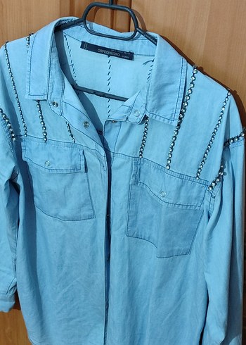 s Beden Düğmeli Mavi Denim Kadın Gömlek