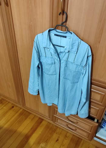Diğer Düğmeli Mavi Denim Kadın Gömlek