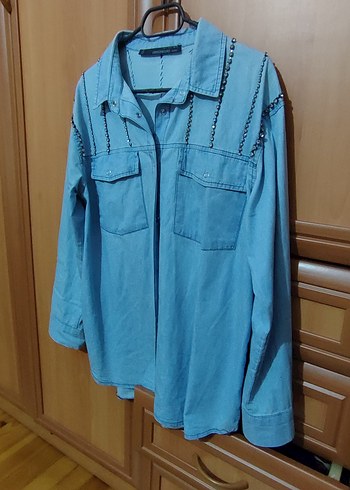 s Beden mavi Renk Düğmeli Mavi Denim Kadın Gömlek