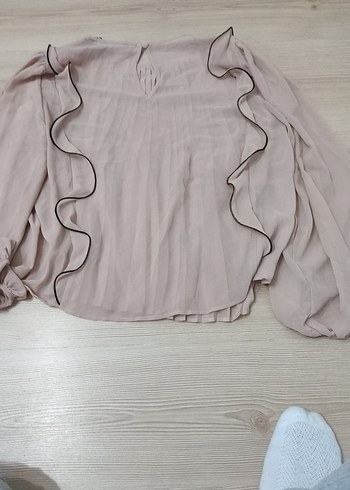 Bej Keten Kadın Bluz - Fırfırlı, Uzun Kollu - Görsel 3