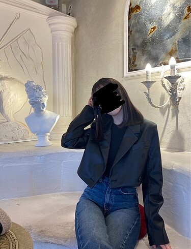 xs Beden siyah Renk Crop deri blazer