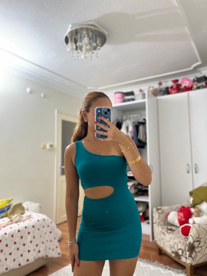 Turkuaz Mini Asimetrik Kesim Elbise - Görsel 3