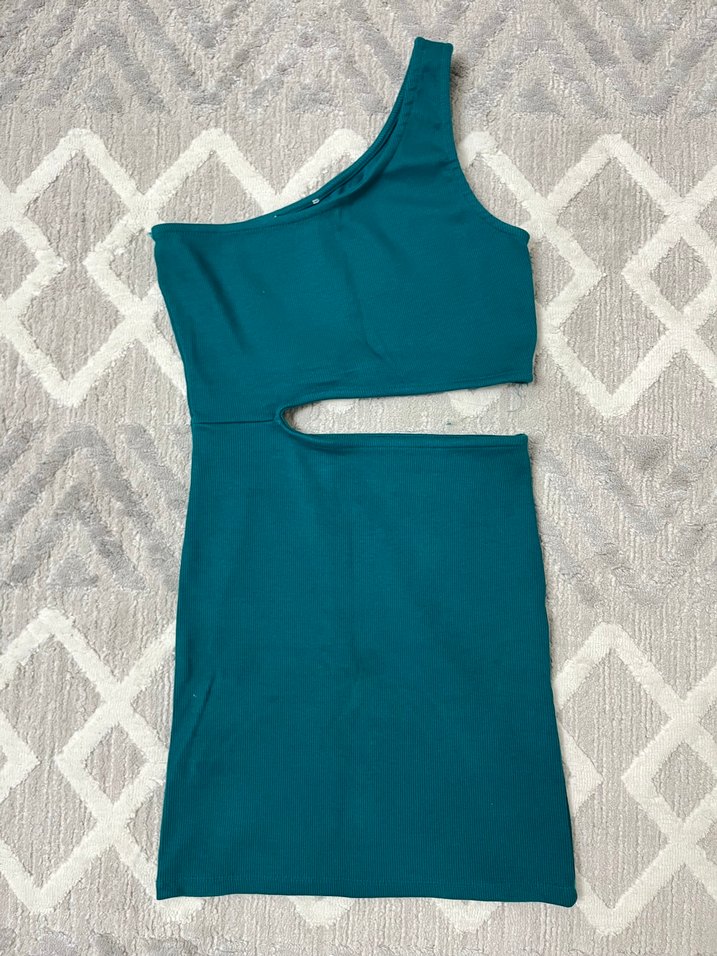 Turkuaz Mini Asimetrik Kesim Elbise - Görsel 4