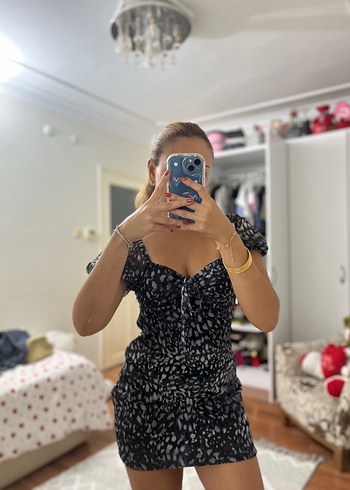 Siyah Leopar Desenli Mini Elbise - Görsel 3