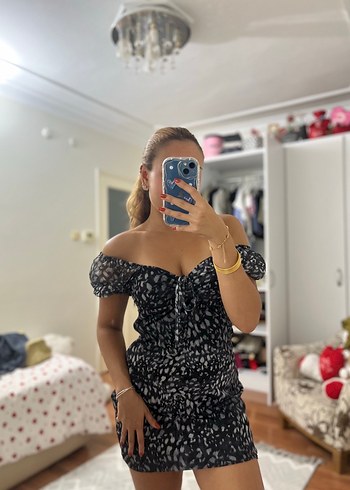 Siyah Leopar Desenli Mini Elbise - Görsel 5