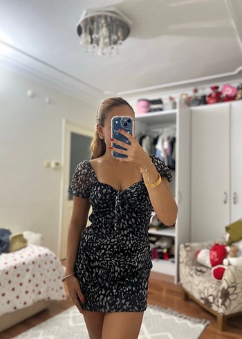 Siyah Leopar Desenli Mini Elbise - Görsel 4