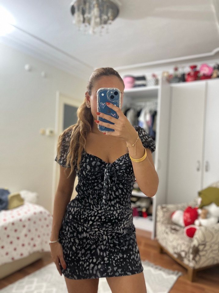 Siyah Leopar Desenli Mini Elbise - Görsel 2