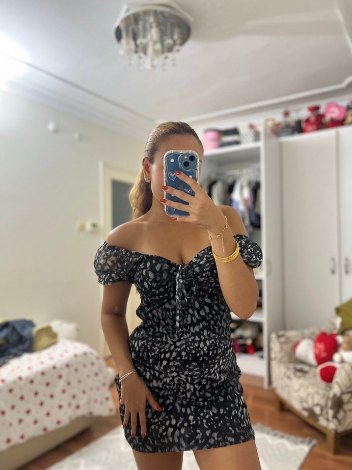 Siyah Leopar Desenli Mini Elbise - Görsel 5