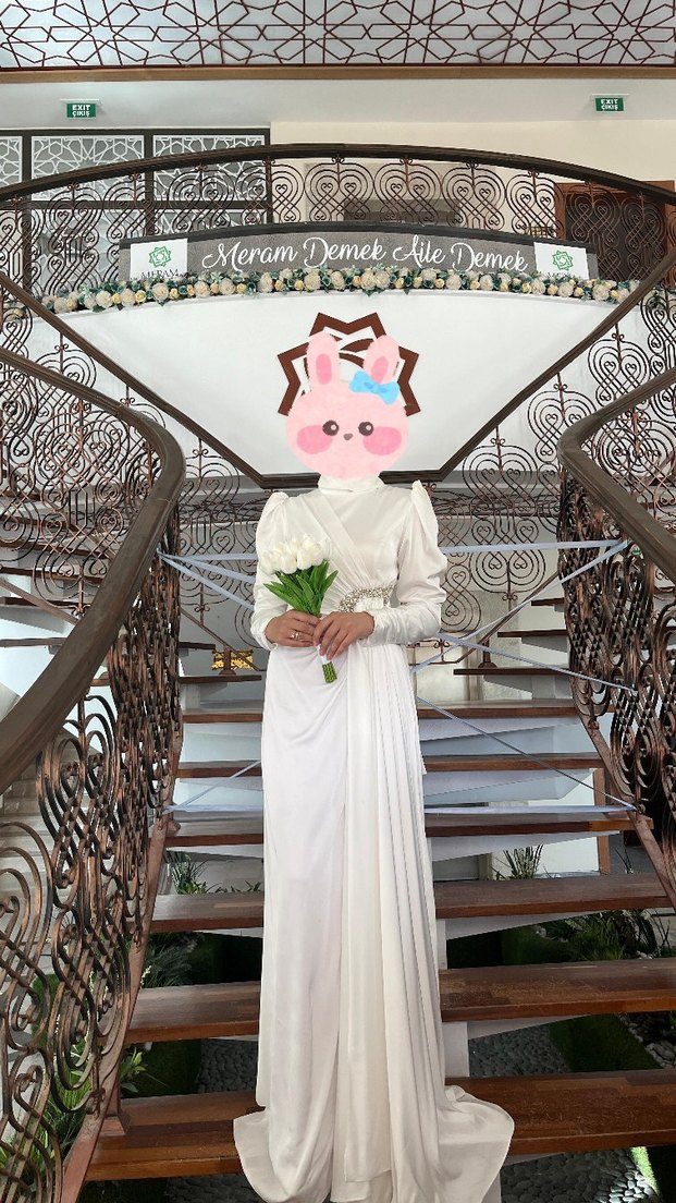 Uzun Kollu  Beyaz Düz Gelinlik - Görsel 2