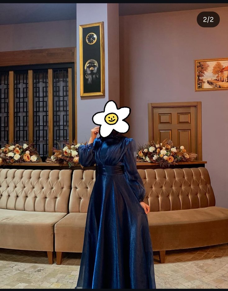 Uzun Kollu Parlak Mavi Çiçekli Elbise - Görsel 2