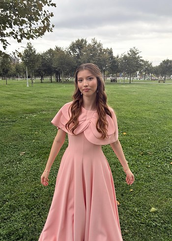 Pembe Drapeli Uzun Kadın Elbise - Görsel 2