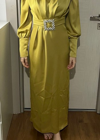 Sarı Uzun Kollu Drapeli Kadın Elbise - Görsel 5