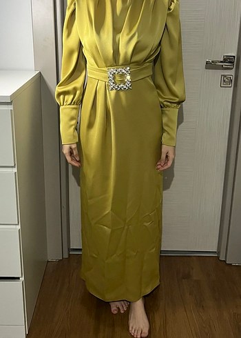 Sarı Uzun Kollu Drapeli Kadın Elbise - Görsel 4