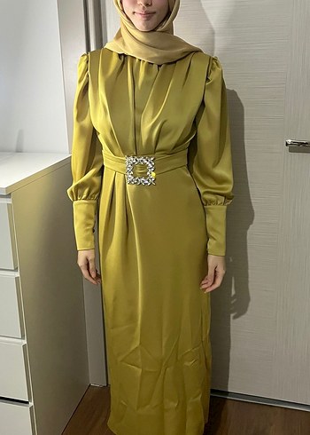 Sarı Uzun Kollu Drapeli Kadın Elbise - Görsel 2
