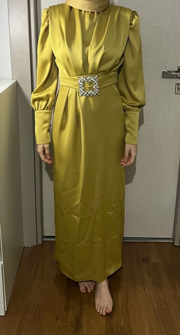 Sarı Uzun Kollu Drapeli Kadın Elbise - Görsel 5