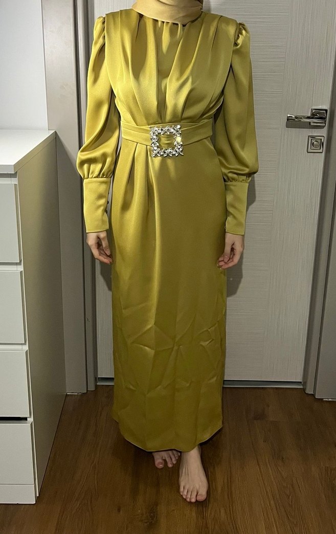 Sarı Uzun Kollu Drapeli Kadın Elbise - Görsel 4