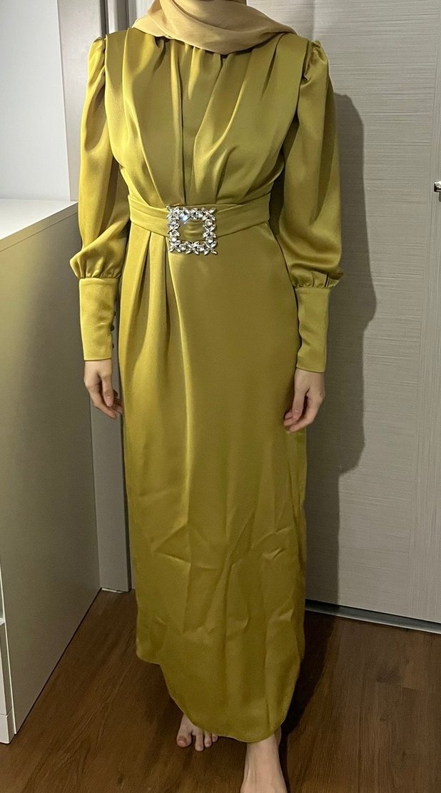 Sarı Uzun Kollu Drapeli Kadın Elbise - Görsel 3