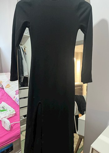 Uzun Siyah Yarım Boğazlı Elbise - Görsel 2