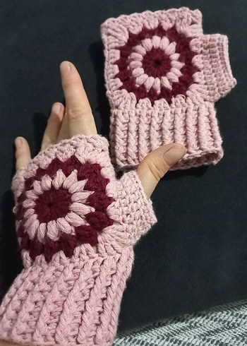 El Örgüsü Pembe Bohem Örgü Parmaksız Eldiven - Görsel 3