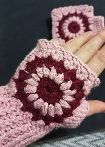 El Örgüsü Pembe Bohem Örgü Parmaksız Eldiven - Görsel 4