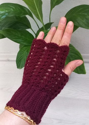 El Örgüsü Bordo Dantel Detaylı Kadın Örgü Eldiven - Görsel 2