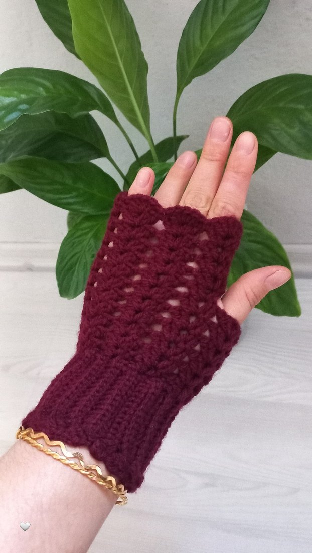 El Örgüsü Bordo Dantel Detaylı Kadın Örgü Eldiven - Görsel 2