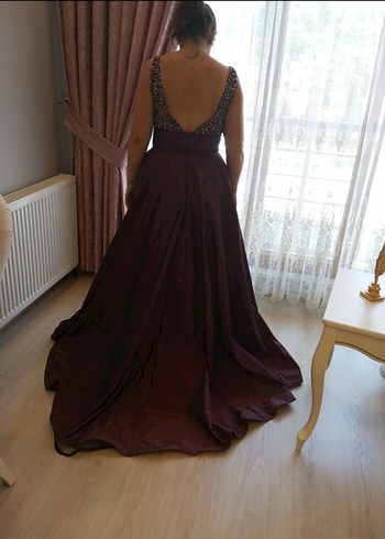 Bordo V Yakalı Uzun Abiye Elbise - Görsel 3