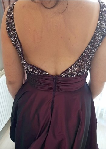 Bordo V Yakalı Uzun Abiye Elbise - Görsel 6